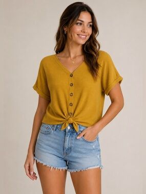 UMGEE WOMENS MUSTARD YELLOW SHORT SLEEVE BUTTON UP WAFFLE SHIRT WITH KNOT SMALL